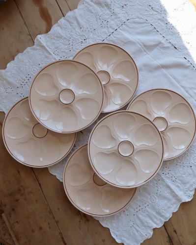6 assiettes à huîtres rose vintage faïence Longwy