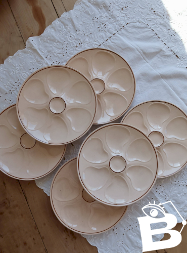 6 assiettes à huîtres rose vintage faïence Longwy