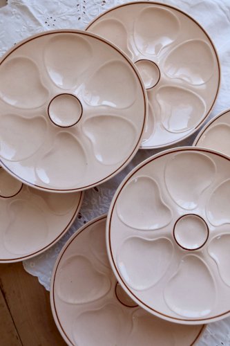 6 assiettes à huîtres rose vintage faïence Longwy