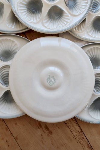 6 assiettes à huîtres vintage Moulin des Loups faïence dégradé bleu gris