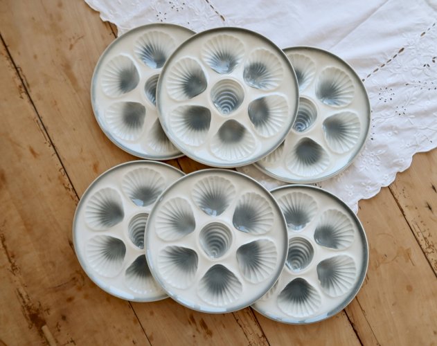 6 assiettes à huîtres vintage Moulin des Loups faïence dégradé bleu gris