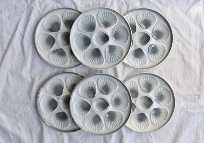 6 assiettes à huîtres vintage Moulin des Loups faïence dégradé bleu gris