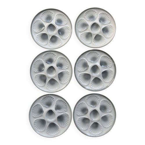 6 assiettes à huîtres vintage Moulin des Loups faïence dégradé bleu gris