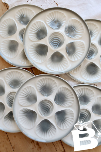 6 assiettes à huîtres vintage Moulin des Loups faïence dégradé bleu gris