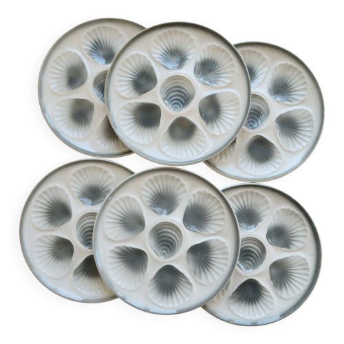 6 assiettes à huîtres vintage Moulin des Loups faïence dégradé bleu gris