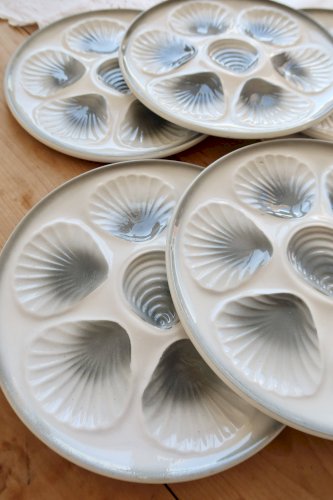 6 assiettes à huîtres vintage Moulin des Loups faïence dégradé bleu gris