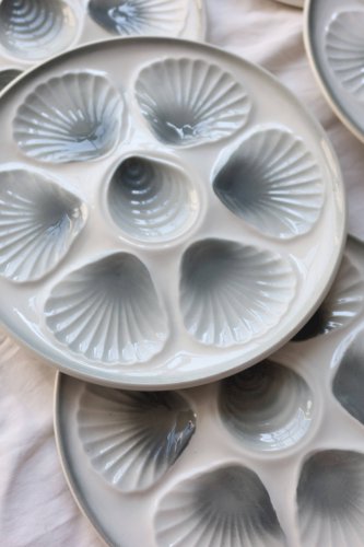6 assiettes à huîtres vintage Moulin des Loups faïence dégradé bleu gris