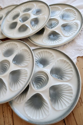 6 assiettes à huîtres vintage Moulin des Loups faïence dégradé bleu gris