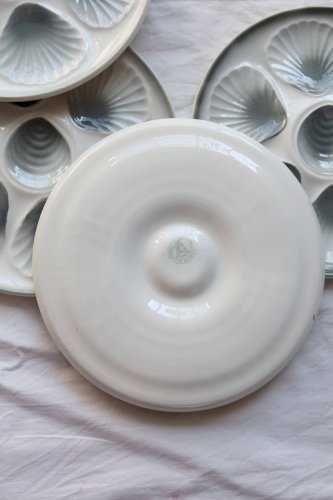 6 assiettes à huîtres vintage Moulin des Loups faïence dégradé bleu gris