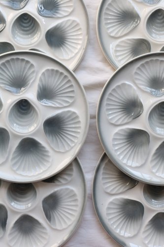 6 assiettes à huîtres vintage Moulin des Loups faïence dégradé bleu gris