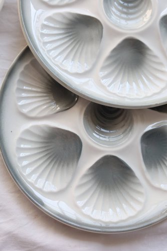 6 assiettes à huîtres vintage Moulin des Loups faïence dégradé bleu gris