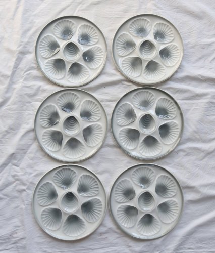 6 assiettes à huîtres vintage Moulin des Loups faïence dégradé bleu gris