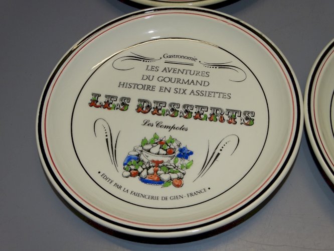 -6 ASSIETTES CERAMIQUE GIEN LES AVENTURES DU GOURMAND LE COLLECTIONNEUR    D