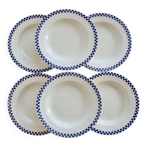 6 assiettes creuses anciennes terre de fer Salins - Modèle Damier