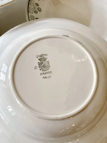 6 assiettes creuses Digoin & sarreguemines, décors fleuri vert émeraude