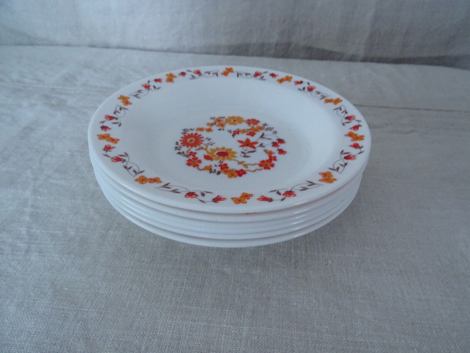 Lot De 6 Assiettes Creuses Arcopal Vintage - Motif Fleurs Orange Lotus - Déco Pop 70's
