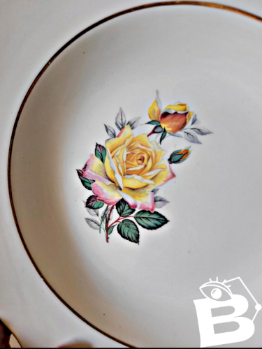6 Assiettes creuses Gien Gardanne, roses couleur jaune, liserés dorés