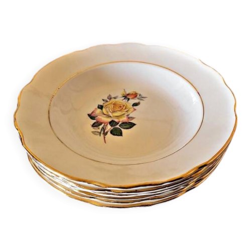 6 Assiettes creuses Gien Gardanne, roses couleur jaune, liserés dorés