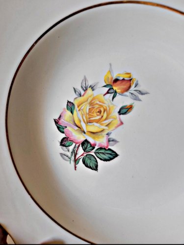 6 Assiettes creuses Gien Gardanne, roses couleur jaune, liserés dorés