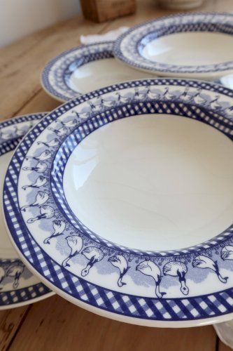 6 assiettes creuses vintage décor vichy oies bleues