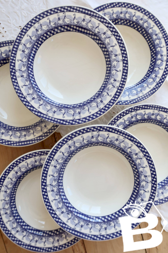 6 assiettes creuses vintage décor vichy oies bleues