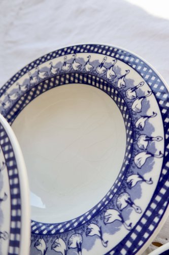 6 assiettes creuses vintage décor vichy oies bleues