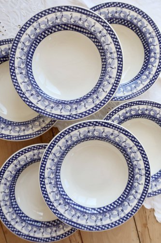 6 assiettes creuses vintage décor vichy oies bleues