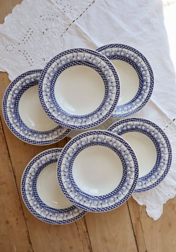 6 assiettes creuses vintage décor vichy oies bleues