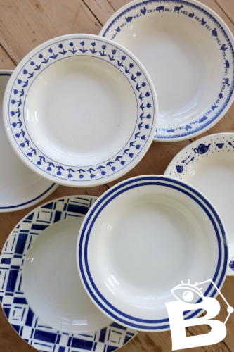 6 assiettes creuses vintage dépareillées porcelaine bleue blanche - Lot Sai