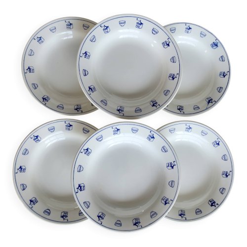 6 assiettes creuses vintage en faïence motif petit déjeuner