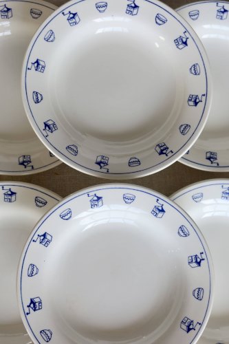 6 assiettes creuses vintage en faïence motif petit déjeuner