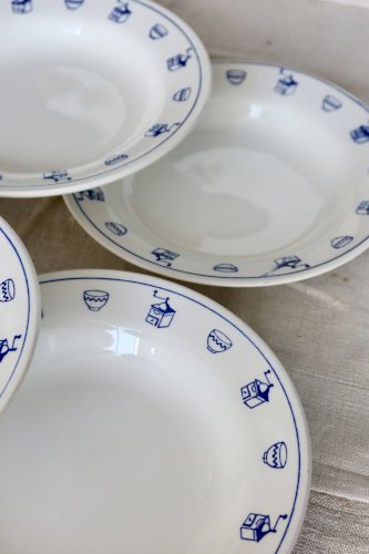 6 assiettes creuses vintage en faïence motif petit déjeuner
