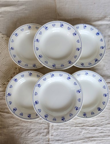 6 assiettes creuses vintage en faïence motif petit déjeuner