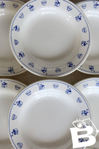 6 assiettes creuses vintage en faïence motif petit déjeuner