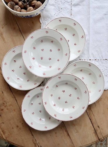 6 assiettes creuses vintage faïence blanches à motifs rouges