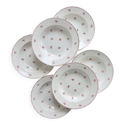 6 assiettes creuses vintage faïence blanches à motifs rouges