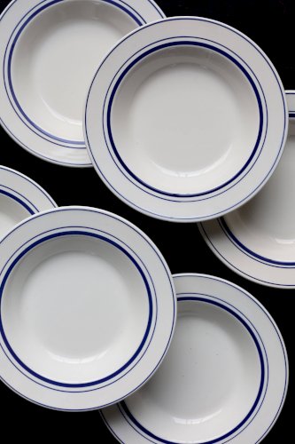 6 assiettes creuses vintage style bistrot porcelaine bleue et blanche