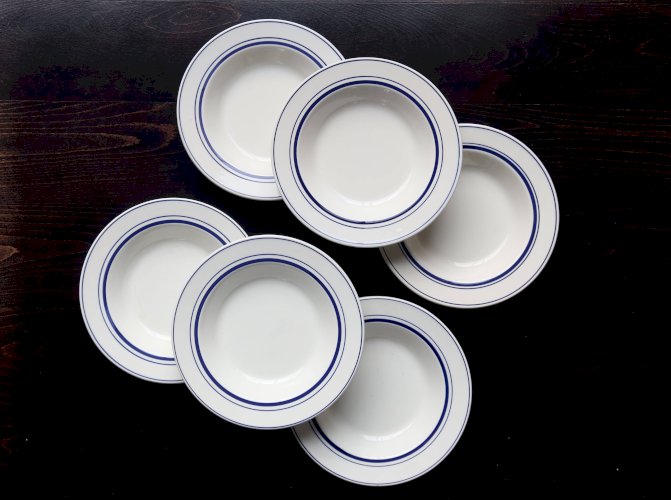6 assiettes creuses vintage style bistrot porcelaine bleue et blanche