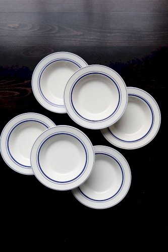6 assiettes creuses vintage style bistrot porcelaine bleue et blanche