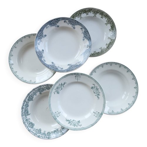 6 assiettes creuses vintage terre de fer dépareillées - Tons bleus et verts