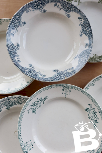 6 assiettes creuses vintage terre de fer dépareillées - Tons bleus et verts