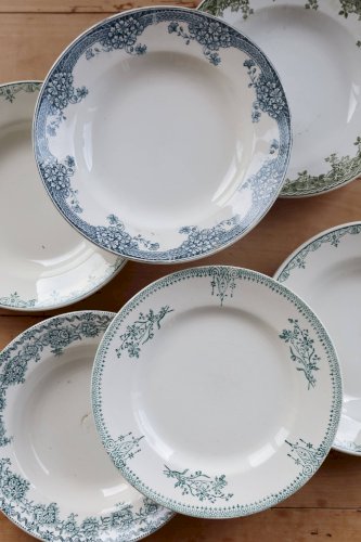 6 assiettes creuses vintage terre de fer dépareillées - Tons bleus et verts
