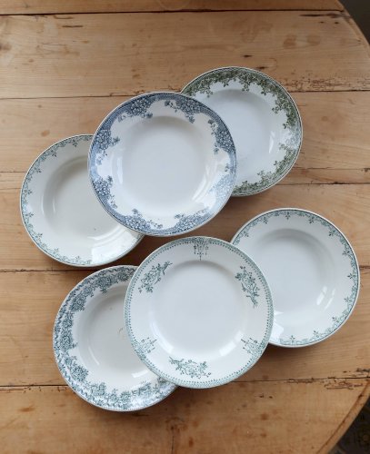 6 assiettes creuses vintage terre de fer dépareillées - Tons bleus et verts