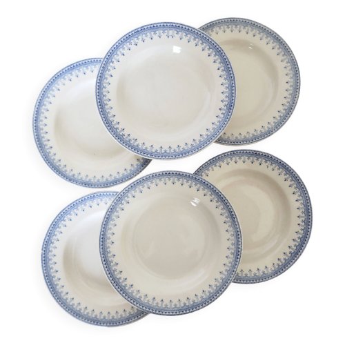 6 assiettes creuses vintage terre de fer ivoire -  Motif bleu