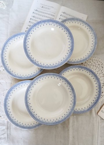 6 assiettes creuses vintage terre de fer ivoire -  Motif bleu