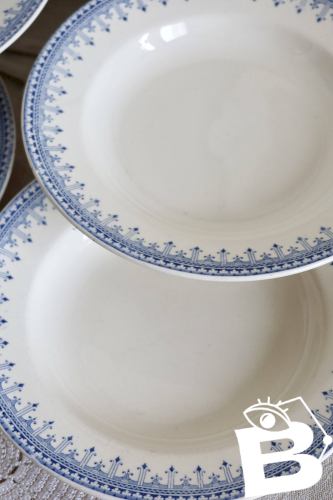 6 assiettes creuses vintage terre de fer ivoire -  Motif bleu