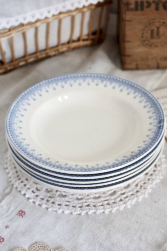 6 assiettes creuses vintage terre de fer ivoire -  Motif bleu