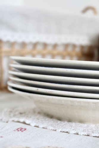 6 assiettes creuses vintage terre de fer ivoire -  Motif bleu