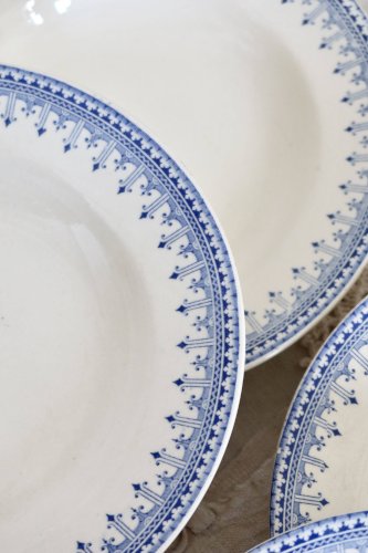 6 assiettes creuses vintage terre de fer ivoire -  Motif bleu