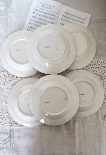 6 assiettes creuses vintage terre de fer ivoire -  Motif bleu